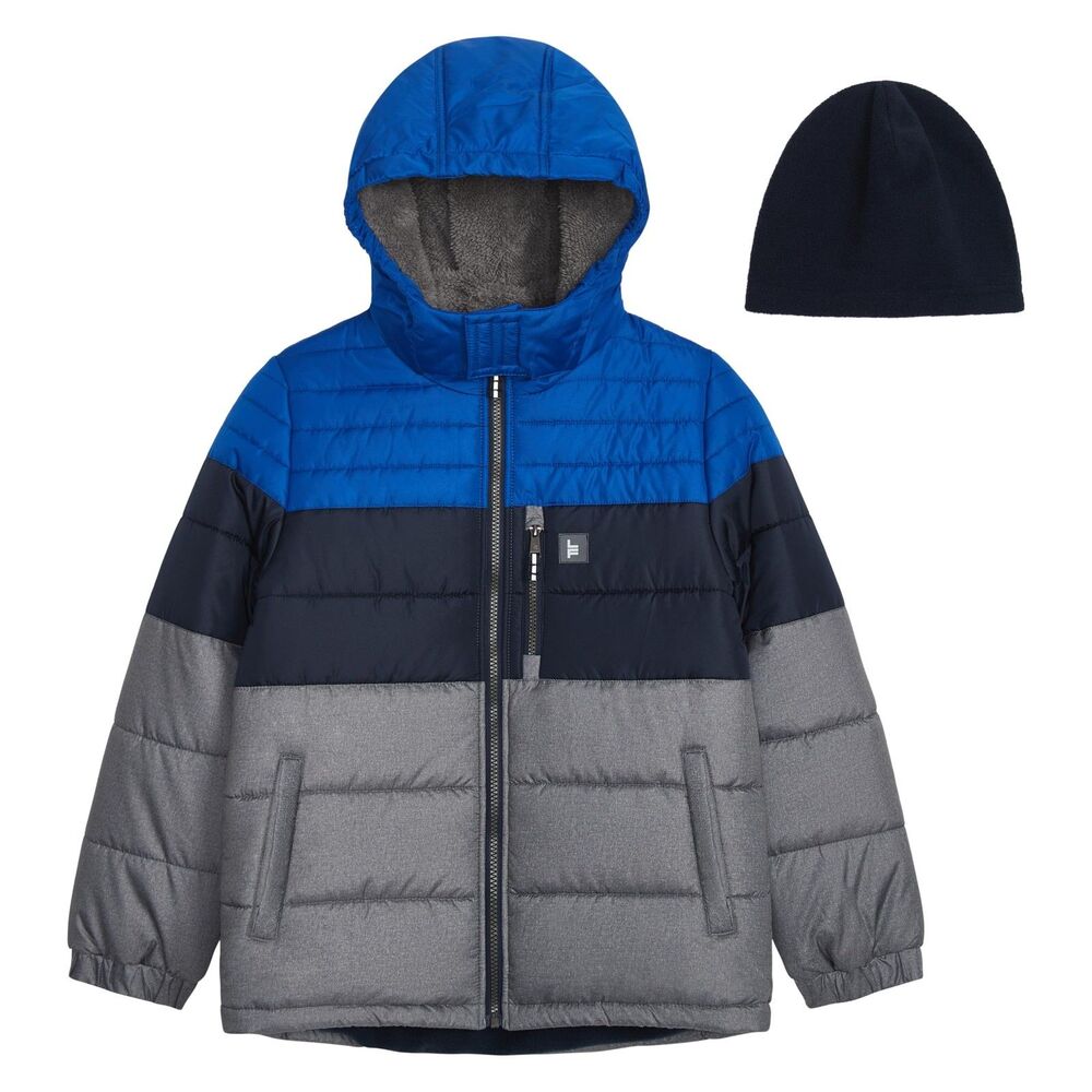 London Fog Boys 3T Hooded Puffer Jacket Sherpa Lined Hood + Beanie Blue Navy NWT